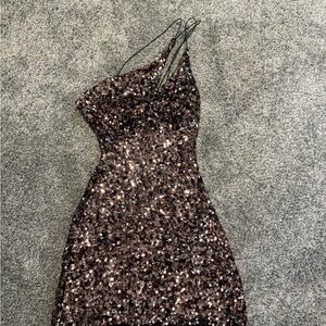 Astr Brown Sequin Asymmetrical One Shoulder Dress
